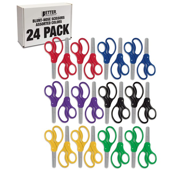 Better Office Products 24 Piece Blunt Tip Kids Scissors, 6 Assorted Colors, 5in. Length, Classic School Scissors, 24PK 00624